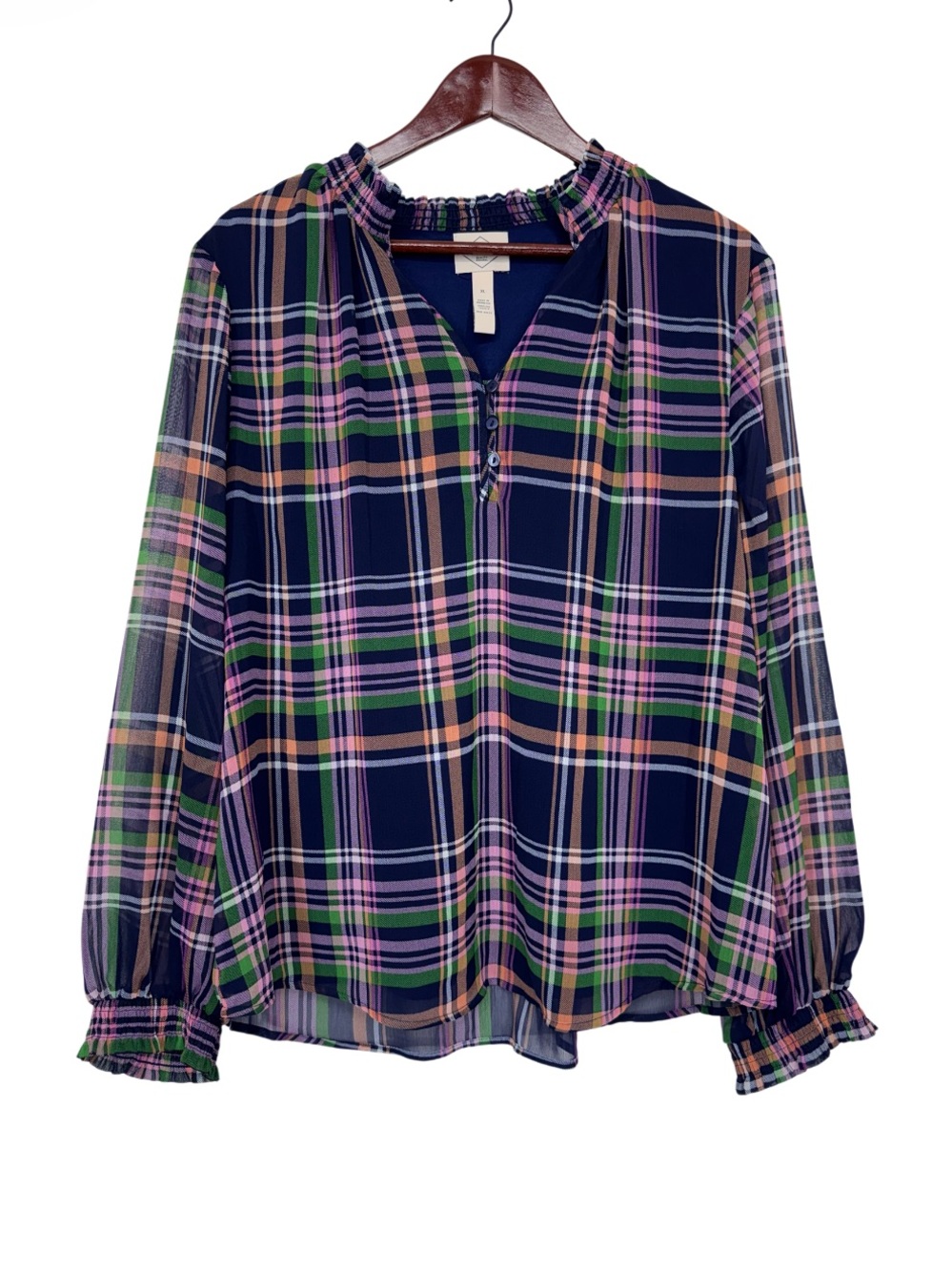 St. John’s Bay Plaid Blouse W/ Sheer Long Sleeves Navy Purple Pink Green Orange